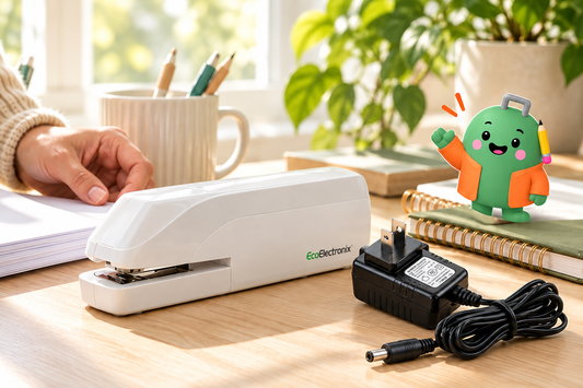 White EcoElectronix StaplePro electric stapler with its AC power adapter on a sunlit desk, next to the EcoElectronix mascot