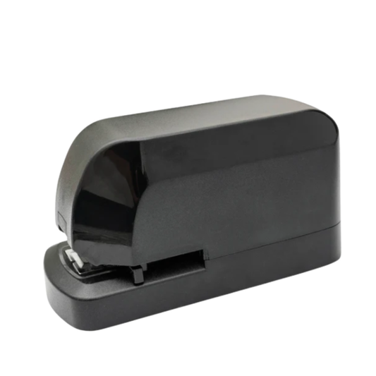Black heavy-duty stapler on a white background, compact design with a smooth matte finish.